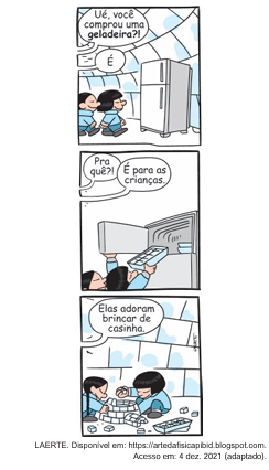 Tirinha de quadrinhos onde uma criança dentro de um iglu pergunta a um adulto por que ele comprou uma geladeira, e o adulto responde que é para as crianças brincarem de casinha, colocando um bloco de gelo na geladeira.